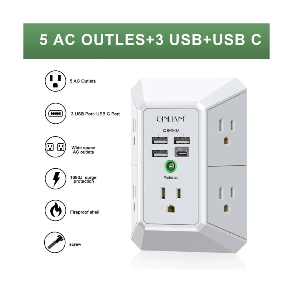QINLIANF - Cargador de pared, protector de sobretensiones, extensor de 5 tomas de corriente con 4 puertos de carga USB's foto | 845 |  BizneCubano